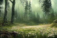 Spring Wild Forest Landscape Illustration. Generative AI