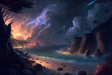 Night Vast Landscape, Award-winning Concept Art, A Highly Detailed Beach Landscape With Huge Waves, Water Spouts And Rocky Sandy Beaches, Storm Clouds, Lightning Malachite Forest, Generative AI