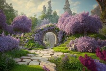Fairytale Garden With Stone Arch And Lilacs. Fantasy Landscape, Lilac Bushes, Stone Arch, Portal, Entrance, Unreal World. 3D Illustration. Generative AI