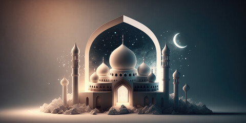 ai generated illustration festive greeting card for Muslim holy month Ramadan Kareem with mosque and crescent