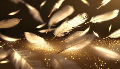 Beautiful golden and white feather closeup isolated on dark background