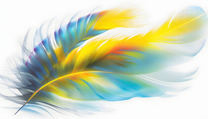 Wall Mural - Beautiful blue and yellow feather closeup isolated on white background, wallpaper