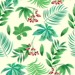 Wall Mural - Seamless pattern with red berries and tropical leaves of palm tree. Botany vector background