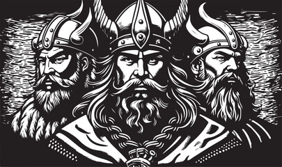 Beautiful and trendy black and white linocut art of a viking