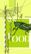 Vector Vertical Banner With Cricket On Stylized Background, Cricket Flour, Thai Food Poster