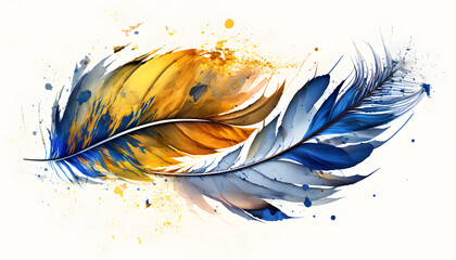 watercolor feathers blue and yellow color isolated on white background