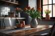 Minimalistic kitchen interior design with tulips in vase and pleasant color accents.