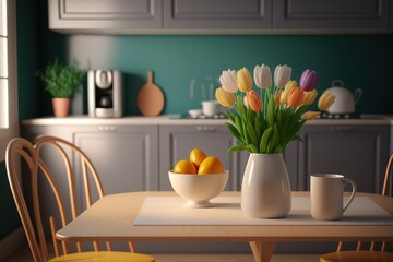 Wall Mural - Minimalistic kitchen interior design with tulips in vase and pleasant color accents.