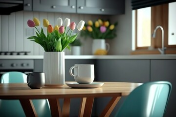 Wall Mural - Minimalistic kitchen interior design with tulips in vase, cup on a dining table and pleasant color accents.