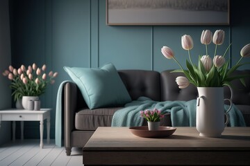 Minimalistic living room interior design with pink tulips in a vase on the coffee table and pleasant blue color accents. 