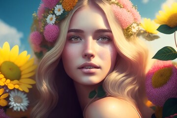 Wall Mural - A beautiful young girl with a bright wreath of multi-colored flowers on her head. Generative AI