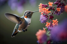 Beautiful Hummingbird Flying Amongst The Colorful Spring Flowers. Blooming Flowers With Amazing Bokeh And Featuring A Elegant Bird Colibri At Beautiful Sunrise. Ai Generated Art