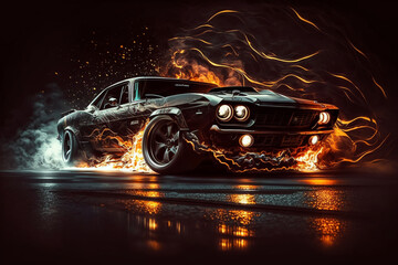 Wall Mural - Hot fast muscle car in flames generic illustration using generative AI