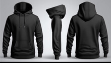 Men's Black Hoodie Template, Men's Hoodie For Your Mockup Design For Printing, Isolated On White Background, 3D Illustration, 3D Rendering