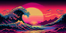 Retrowave Or Synthwave Landscape With Sunset, 80's Retro Synthwave Color Design. Ocean Wave, Generative Ai. Pixel Art Style.