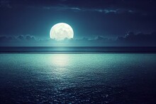 This Photo Illustration Of A Nighttime Ocean And Sky With A Full Moon Would Make An Excellent Travel Background For Any Trip Or Vacation. Generative AI