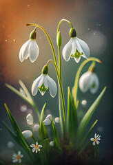 Wall Mural - Spring Snowdrop Flowers in Spring Forest on nature Background of Sun and Blurred Bokeh Lights. AI Generated