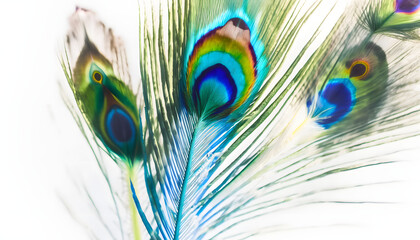 Wall Mural - peacock feather closeup isolated on white background