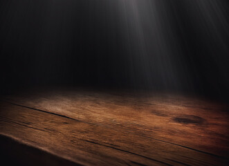 empty wooden table with smoke float up on dark background empty space for display your products,.emp