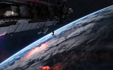 Wall Mural - space station on background of earth. solar system. science fiction. elements of this image furnishe