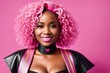 A beautiful dark-skinned woman with pink hair poses for a photo with a pink background. Generative AI