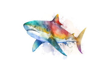 Wall Mural - shark draw multicolored watercolors isolated on white background. AI generated