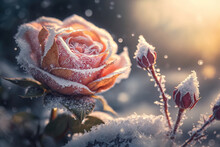 First Spring Flowers. Blooming Rose Flowers Covered Snow With Blurry Bokeh And Sparkling Detail. Ai Generated Art