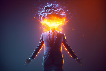 Man in a business suit with a blown head hands spread wide. The concept of mental overload, busyness, stress at work, brain drain. Generative AI technology.