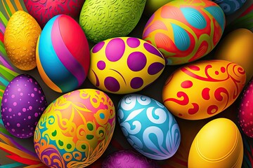 Sticker - colorful easter eggs with patterns on wallpaper background - generative ai