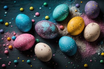 Wall Mural - Colorful Easter eggs with patterns on wallpaper background - Generative AI