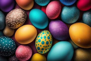 Wall Mural - Colorful Easter eggs with patterns on wallpaper background - Generative AI