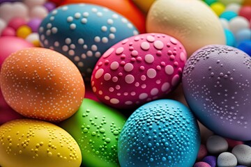Wall Mural - Colorful Easter eggs with patterns on wallpaper background - Generative AI