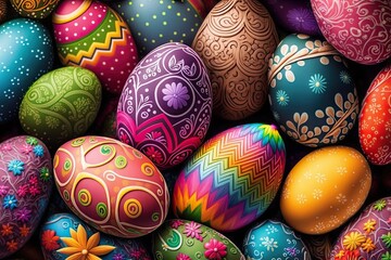Wall Mural - Colorful Easter eggs with patterns on wallpaper background - Generative AI