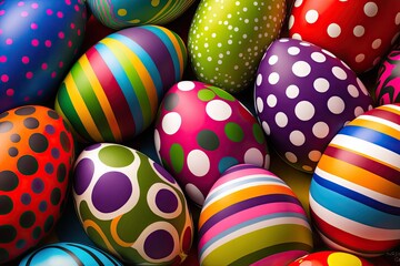 Wall Mural - Colorful Easter eggs with stripes and dots on wallpaper background - Generative AI