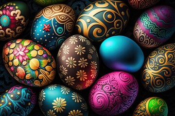 Wall Mural - Colorful Easter eggs with patterns on wallpaper background - Generative AI