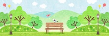 自然に囲まれた公園のベンチにとまる小鳥 新緑の水彩風景イラスト