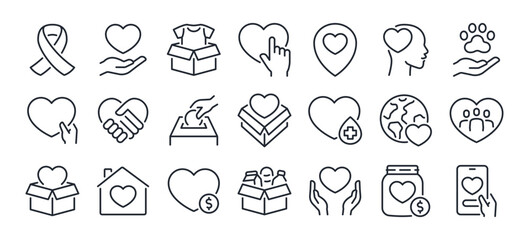 care, help, charity and donation editable stroke outline icons set isolated on white background flat