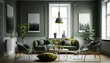 © Csaba - Bright scandinavian interior style olive color living room with sofa, armchair and coffee table, Generative AI