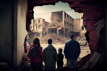 Wall Mural - Refugees, view from the back, looking at damaged homes. People in front of destroyed home buildings because of earthquake or war missile strike. Refugees, war and economy crisis.