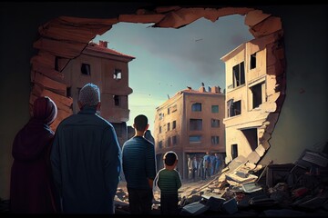 Wall Mural - Refugees, view from the back, looking at damaged homes. People in front of destroyed home buildings because of earthquake or war missile strike. Refugees, war and economy crisis.