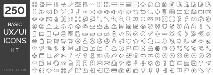 big collection of minimalist and simple uxui web icons. set of 250 editable stroke icons. vector ill