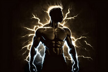 The Silhouette Of A Man In Lightning Flashes Emits An Inner Energy That Illuminates His Body, Generative Ai