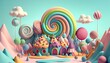 Candyland Dreams: 3D Cute Illustration of Rainbow-Colored Fantasy Landscape Made of Multicolored Candies. Generative AI