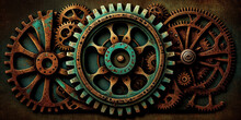 Old Metal Background With Rusty Details And Gears. Generative AI