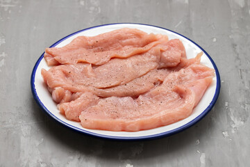 Canvas Print - Slices of raw turkey meat fillet on white dish