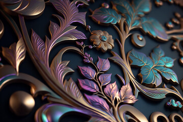 Wall Mural - background ornate pattern and abstract flowers and vines, gold and iridescent purple and teal with soft pink colors intricate pattern,generative ai.