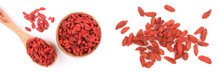 Dried Goji Berries In Wooden Bowl And Spoon Isolated On White Background