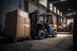 © Supermelon - Generative Illustration AI of a forklift performing tasks of stacking and distribution of boxes and merchandise in an industrial warehouse