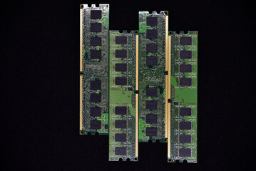 Wall Mural - Blue RAM bars on a black background. Computer memory chips. Computer chips.