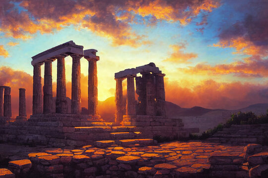 remains of an ancient building at sunset, mediterranean climate made with generative ai